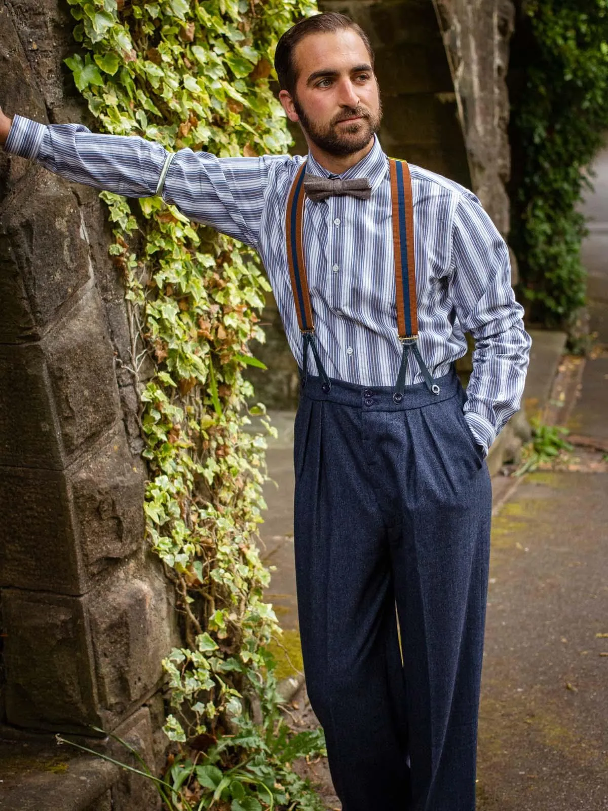 1940s Vintage Granville Herringbone Wool Bag Trousers in Navy Blue