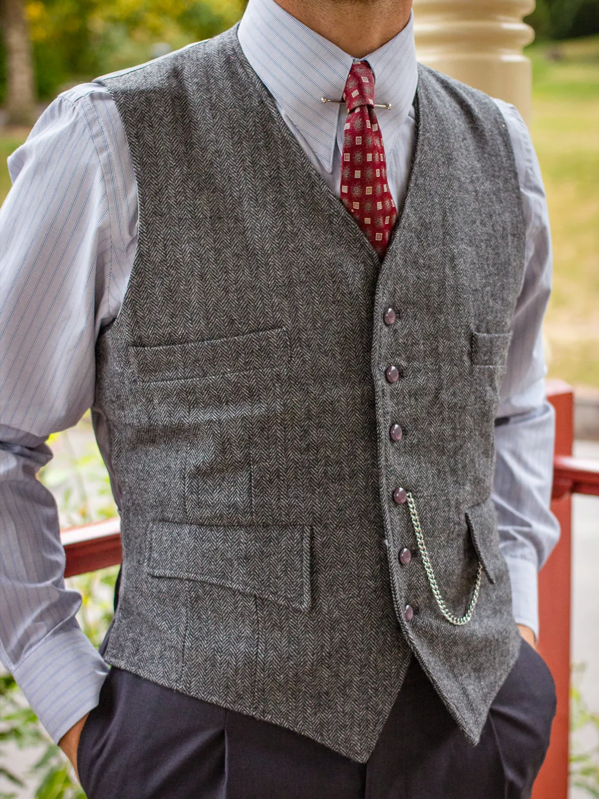 1940s Vintage Granville Herringbone Wool Waistcoat in Grey