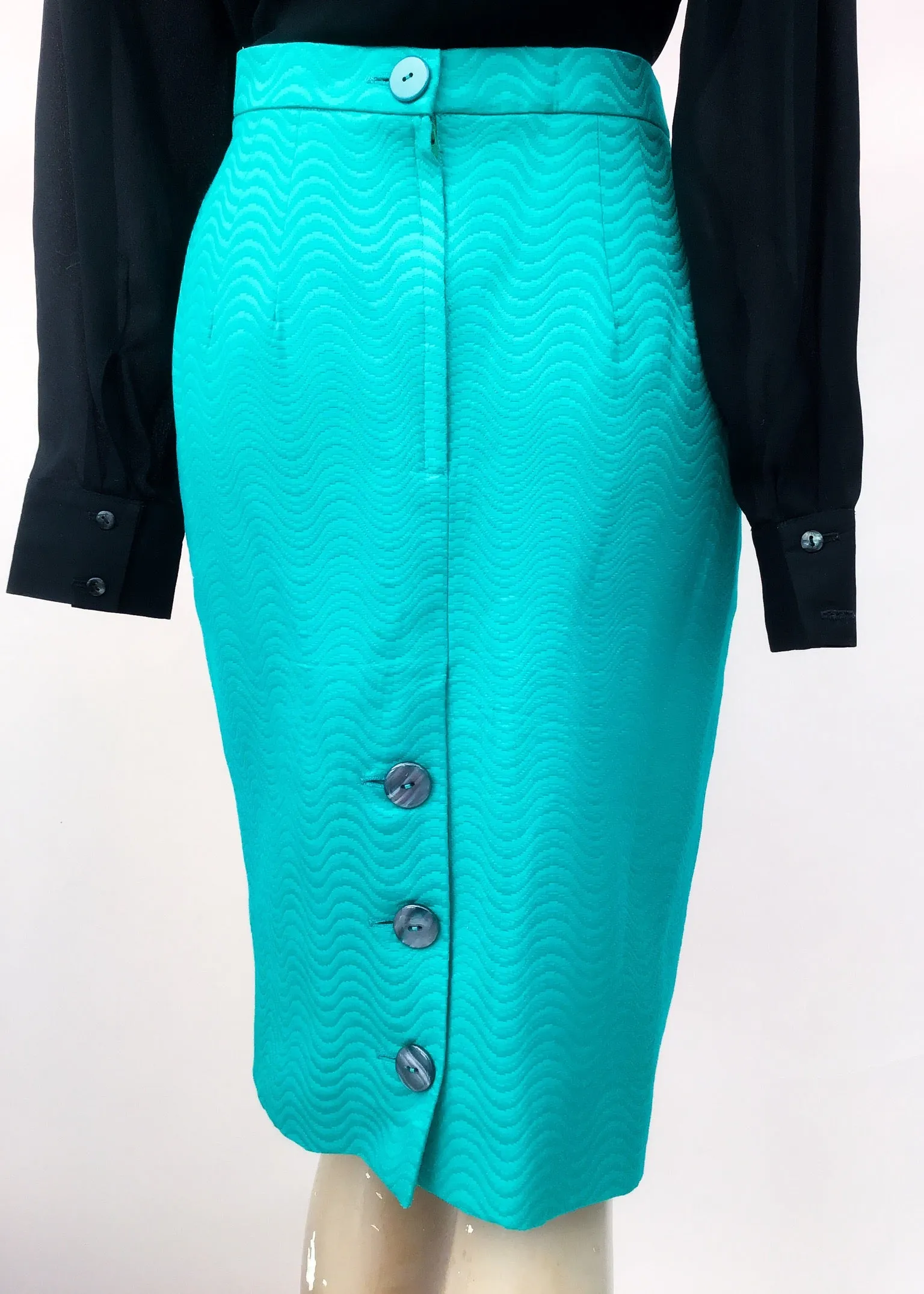 1990s Vintage Caroline Charles Tailored Turquoise Skirt Suit