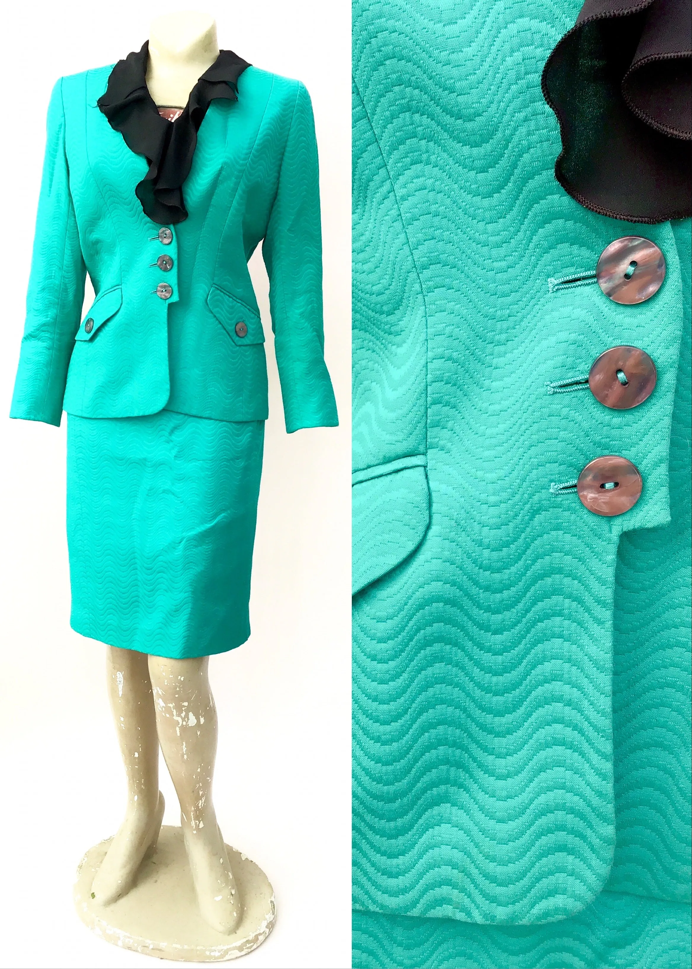 1990s Vintage Caroline Charles Tailored Turquoise Skirt Suit