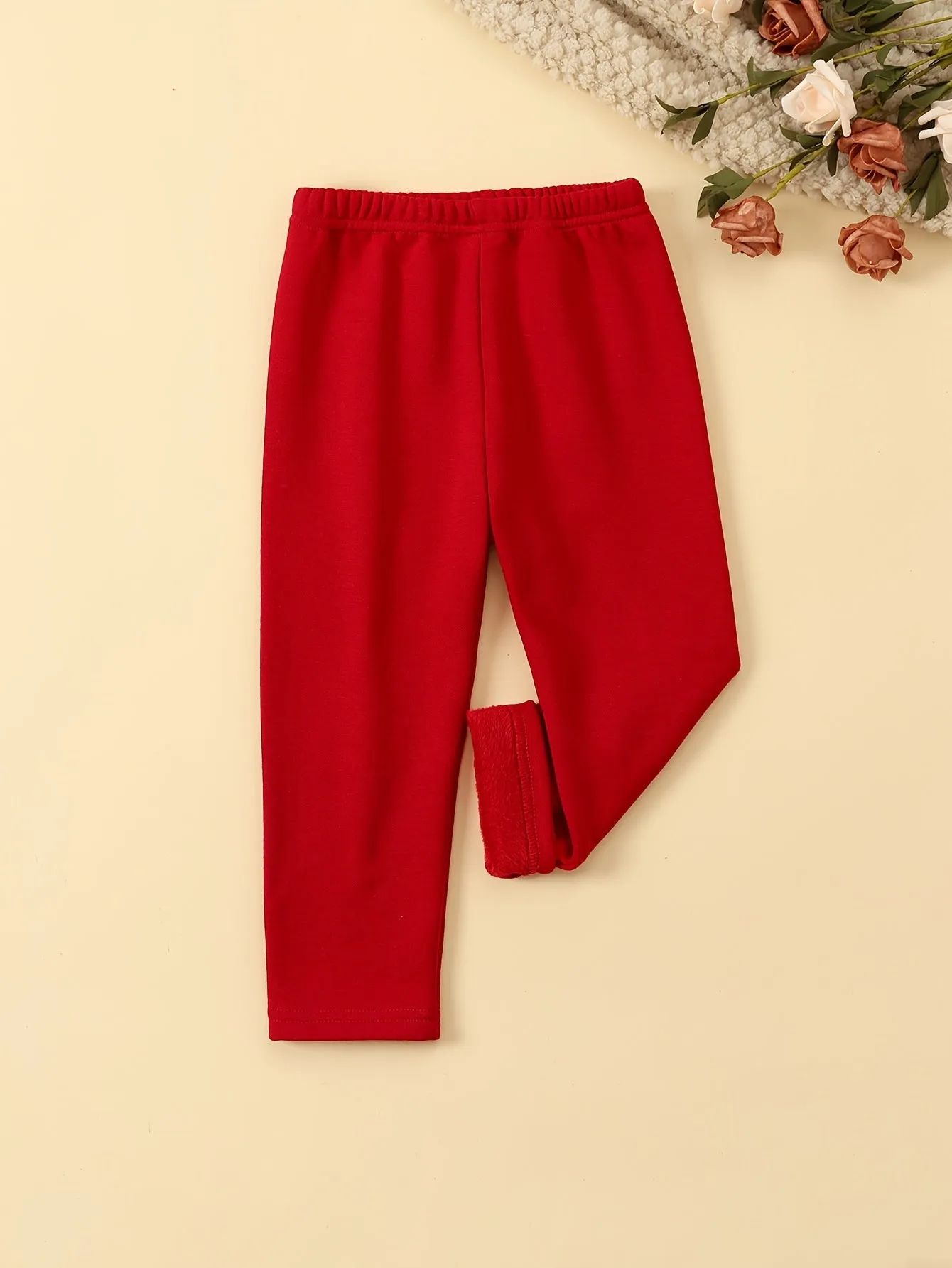 6 Pcs Girls Warm & Thermal & Versatile Solid Colored Fleece Lined Trousers Set For Fall & Winter