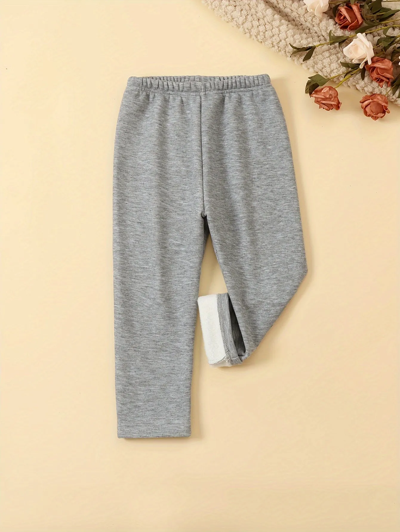 6 Pcs Girls Warm & Thermal & Versatile Solid Colored Fleece Lined Trousers Set For Fall & Winter