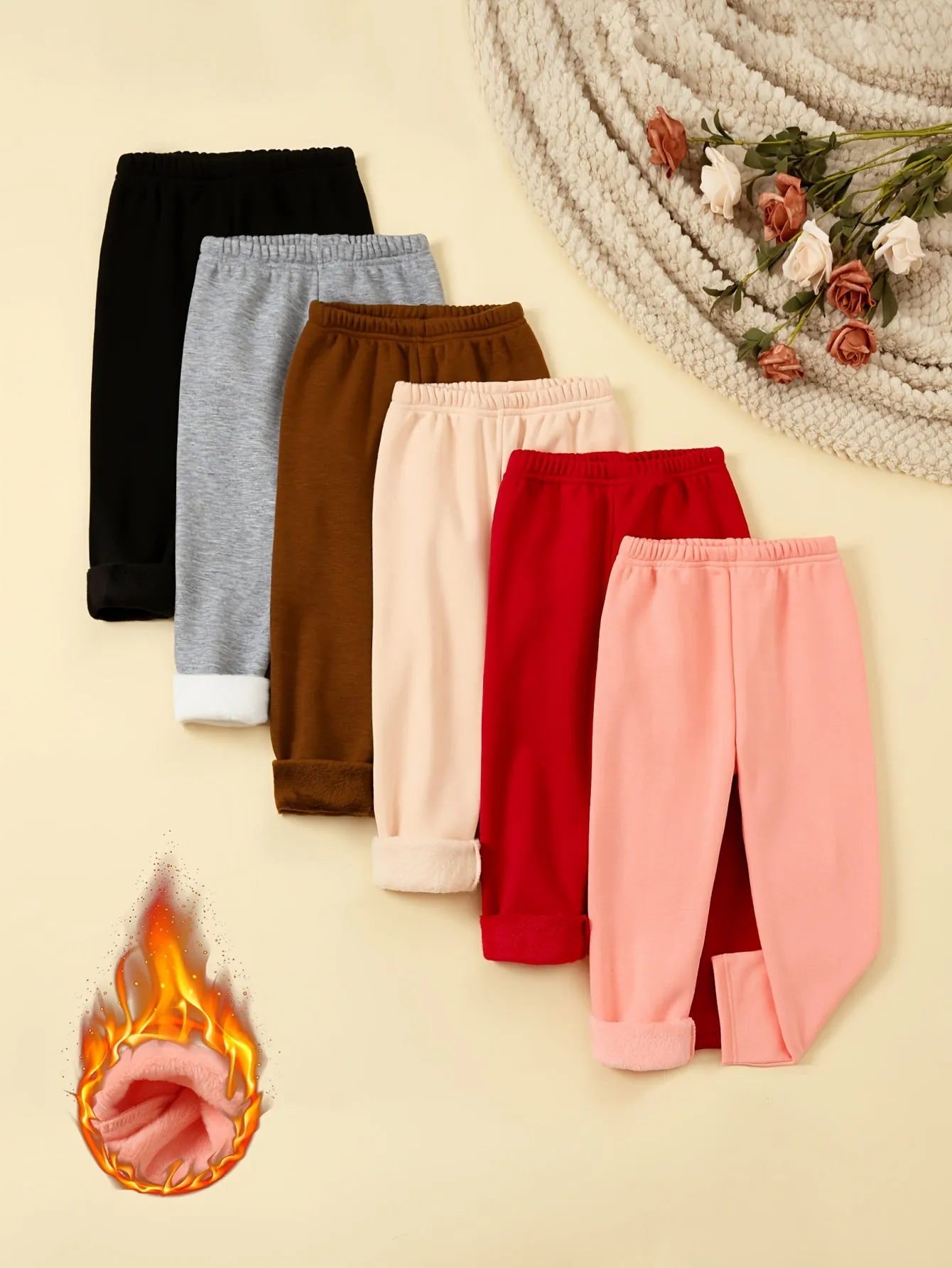 6 Pcs Girls Warm & Thermal & Versatile Solid Colored Fleece Lined Trousers Set For Fall & Winter