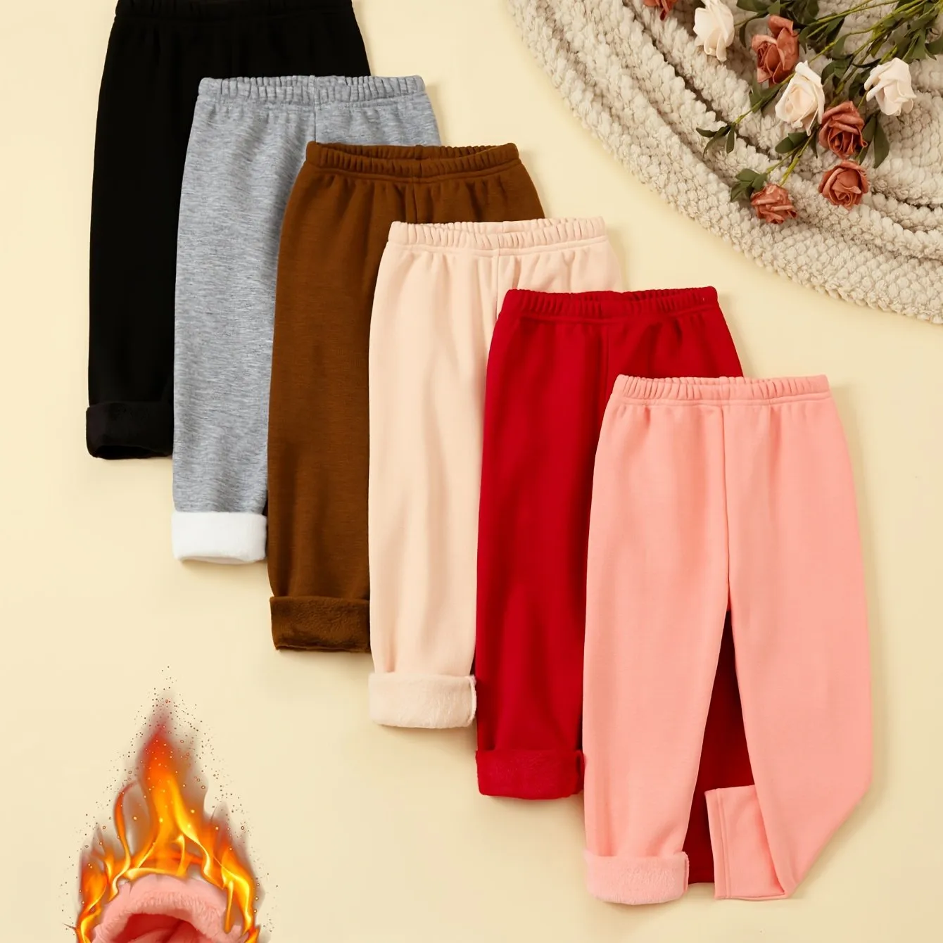 6 Pcs Girls Warm & Thermal & Versatile Solid Colored Fleece Lined Trousers Set For Fall & Winter