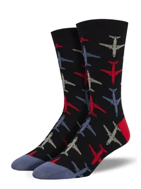 Airplanes (Black) Bamboo Men's Crew Socks