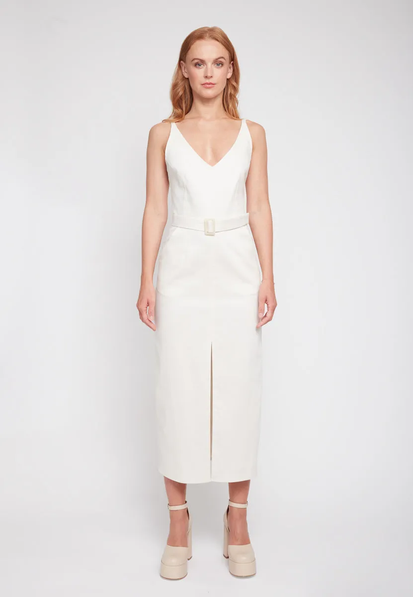 ALBERTA off-white denim midi dress with pencil skirt