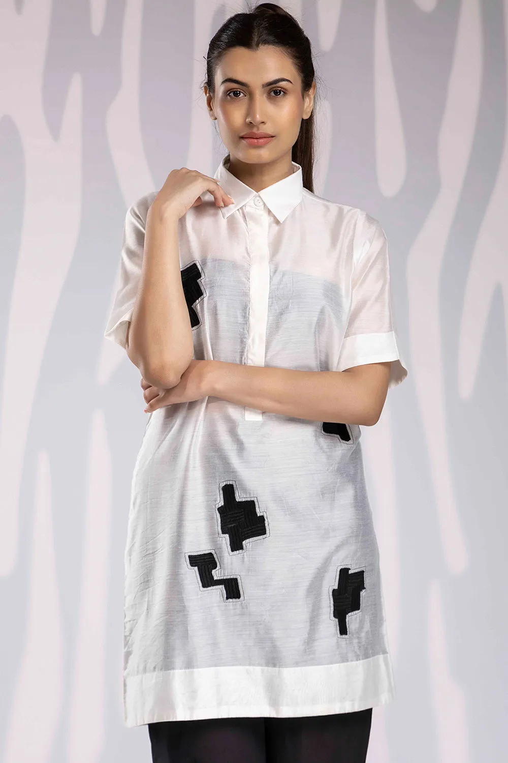 Aplic Work Silk Chanderi Set - White & Black