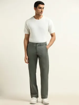 Ascot Green Plain Cotton Blend Relaxed Fit Chinos