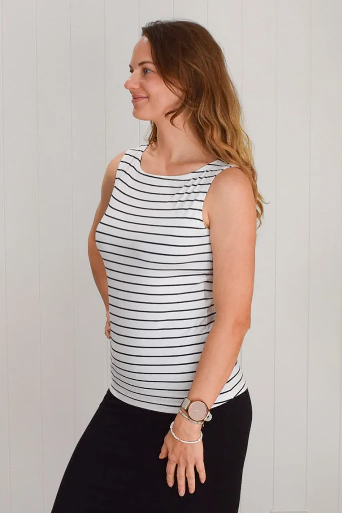 Bamboo Shell Tank Top  - White Black Stripe