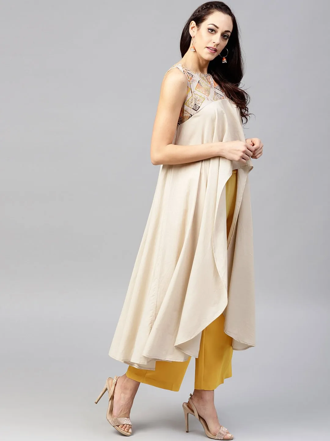 Beige Asymmetric Sleeveless Tunic With Round Neck