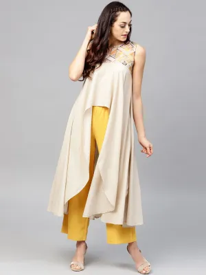 Beige Asymmetric Sleeveless Tunic With Round Neck