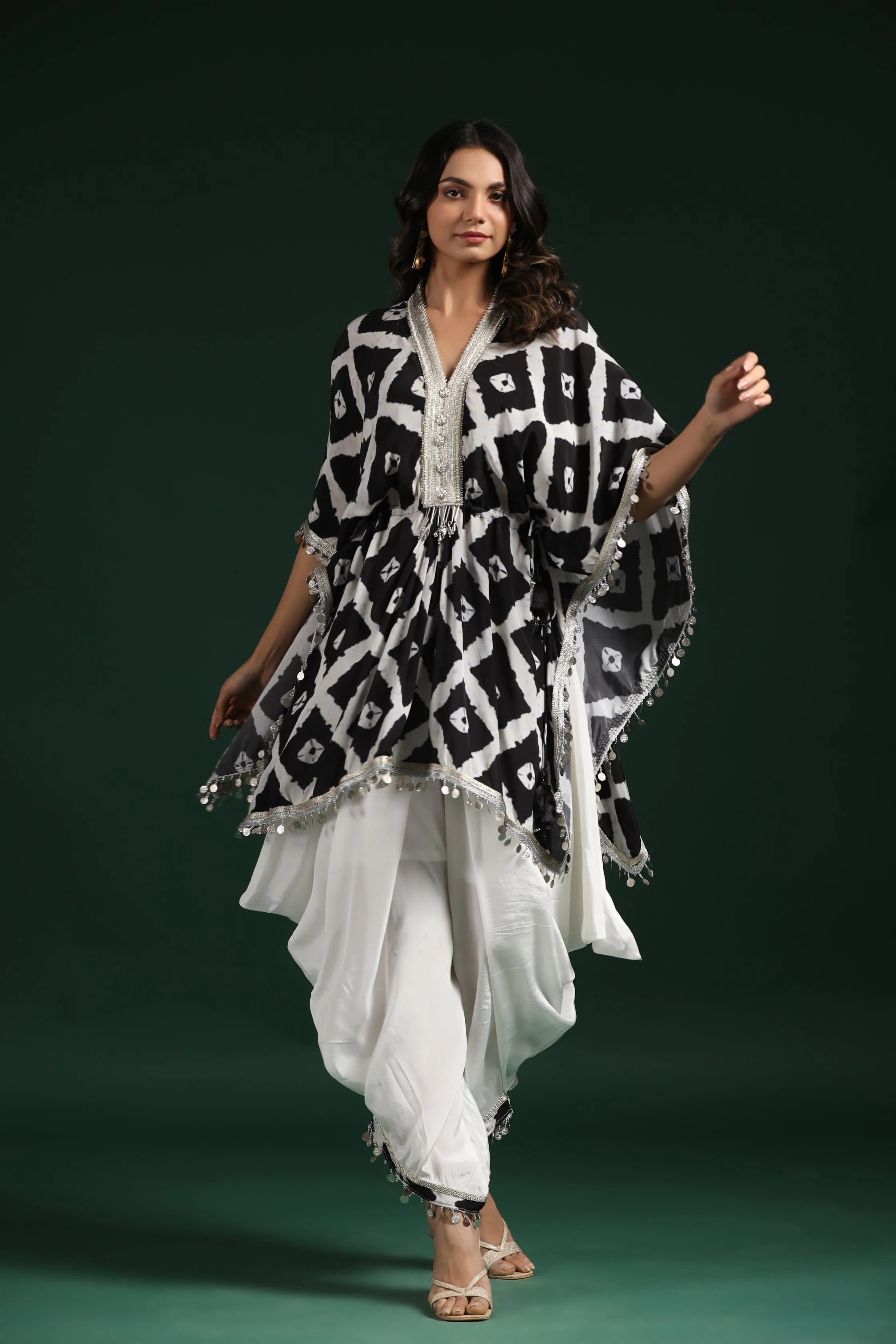 Black & White Printed Habutai Silk Kaftan Dhoti Set