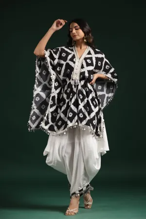 Black & White Printed Habutai Silk Kaftan Dhoti Set