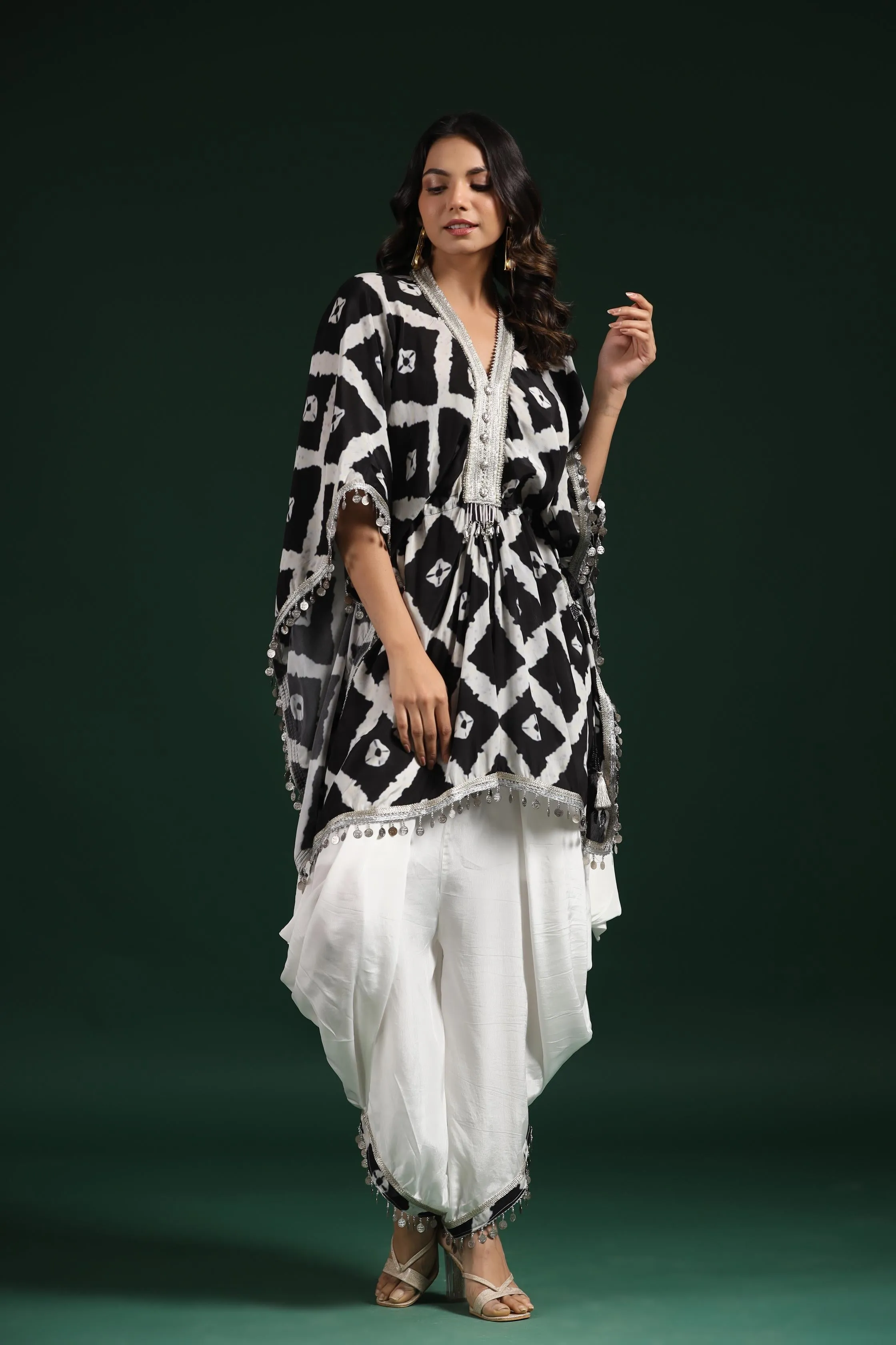 Black & White Printed Habutai Silk Kaftan Dhoti Set