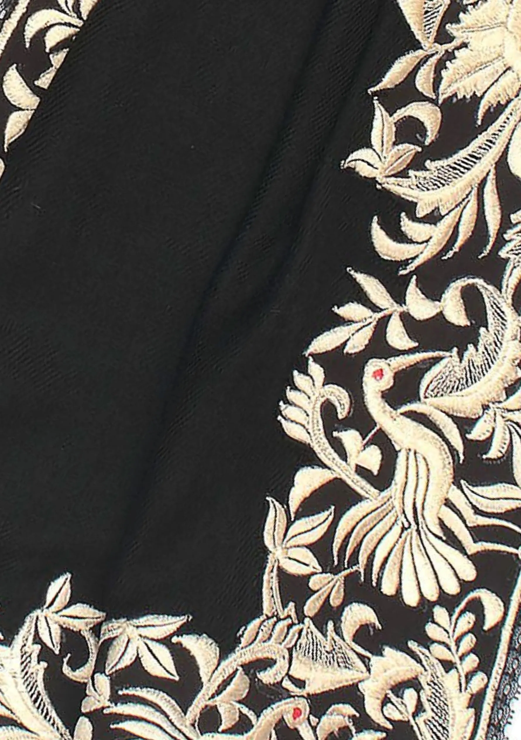 Black Cashmere Scarf with a Ivory Border Embroidery and Black Lace Edging