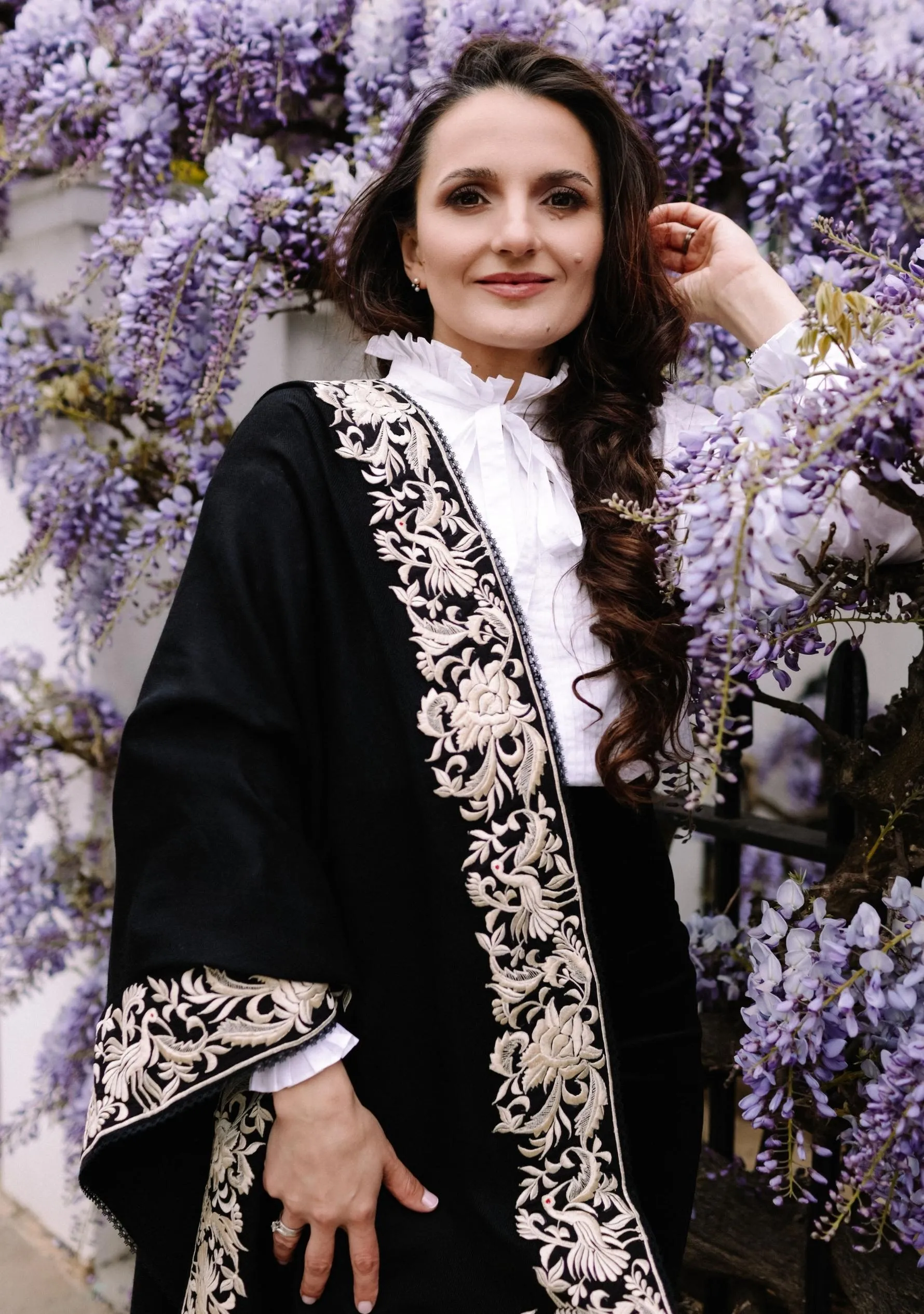 Black Cashmere Scarf with a Ivory Border Embroidery and Black Lace Edging