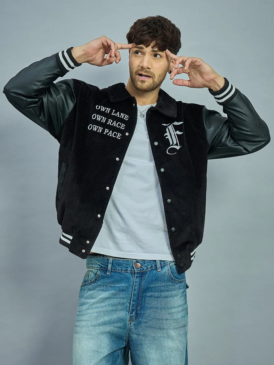 Black Corduroy Faux Leather Sleeves Varsity Jacket
