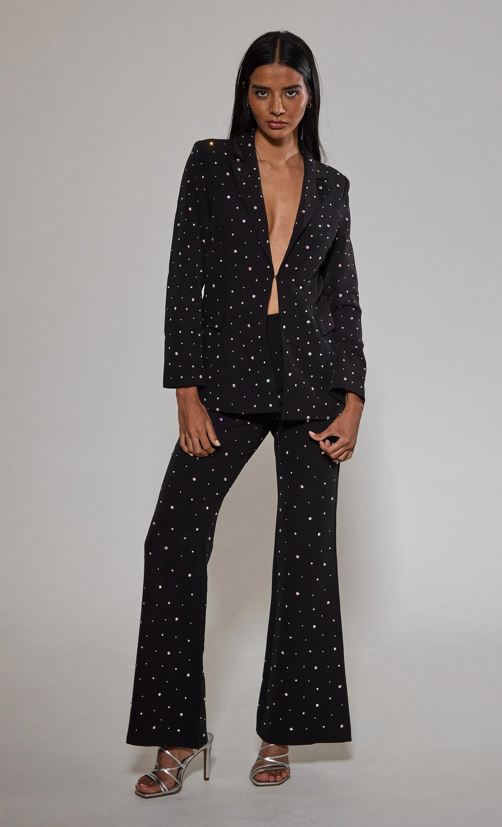 Black Diamante Embellished Flared Trousers