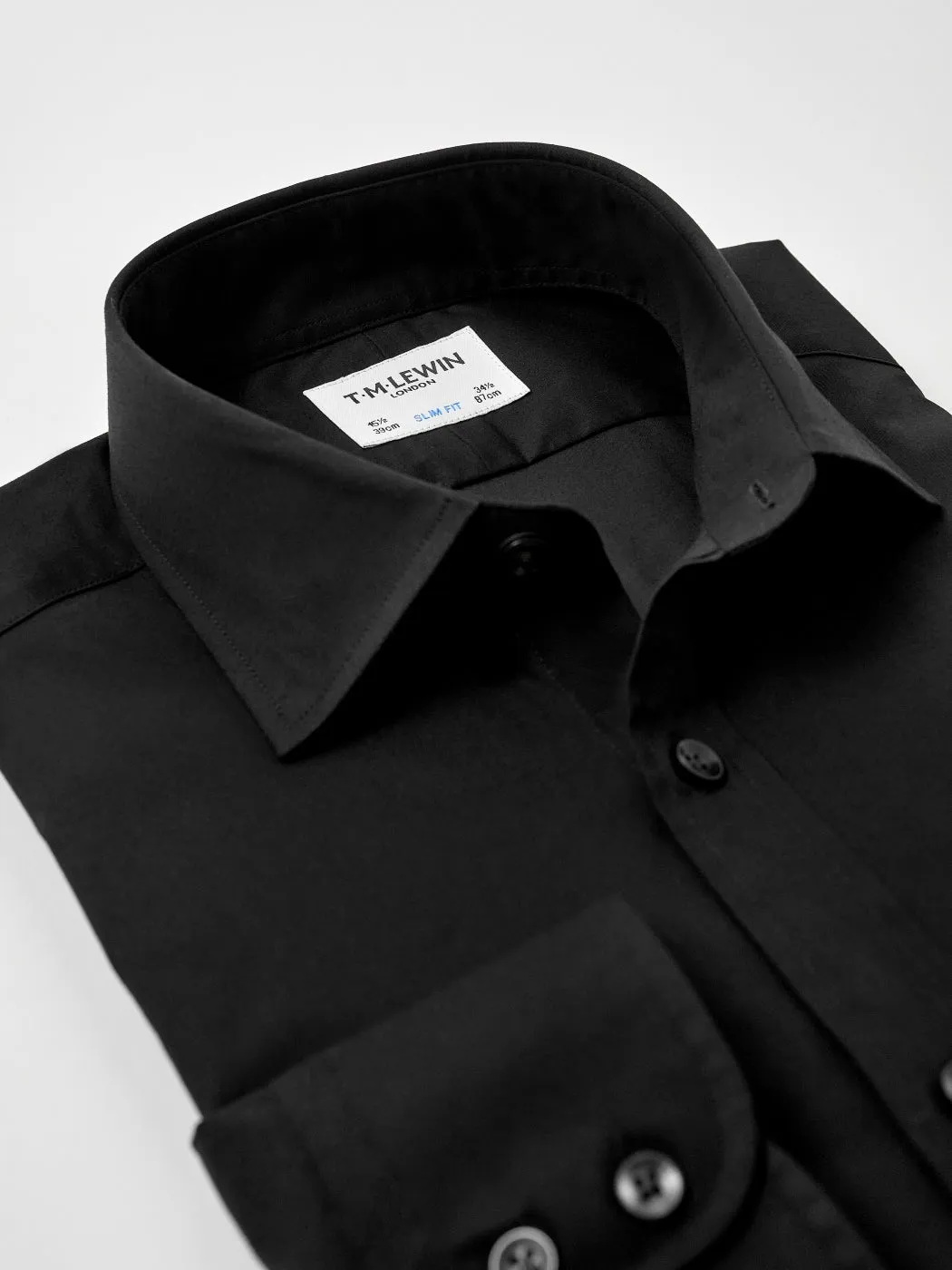 Black Poplin Stretch Slim Fit Single Cuff Cutaway Collar Shirt