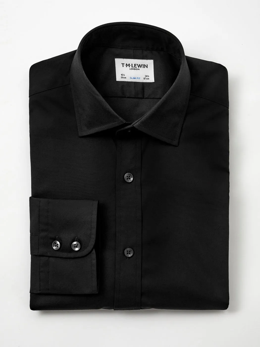 Black Poplin Stretch Slim Fit Single Cuff Cutaway Collar Shirt