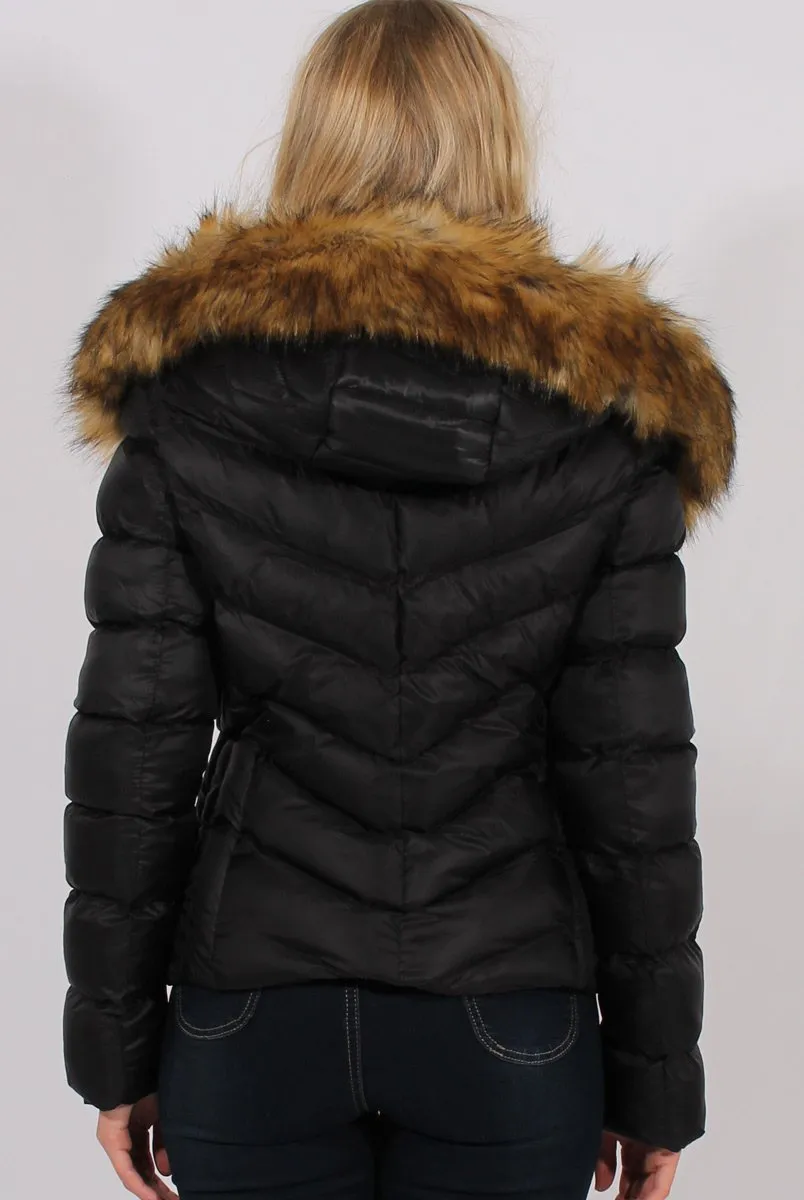 Black Quilted Coat with Faux Fur Hood Trim - Ester