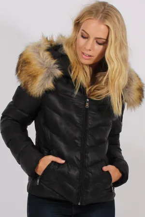 Black Quilted Coat with Faux Fur Hood Trim - Ester