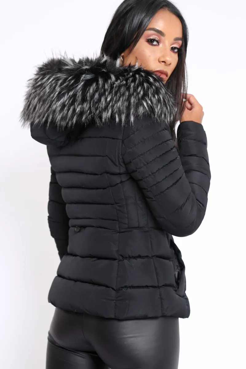 Black Quilted Coat with Fur Hood - Indee