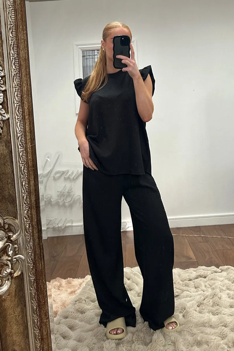 Black Round Neck Frill Sleeve Top & Straight Leg Trousers Co-ord Set - Ruby