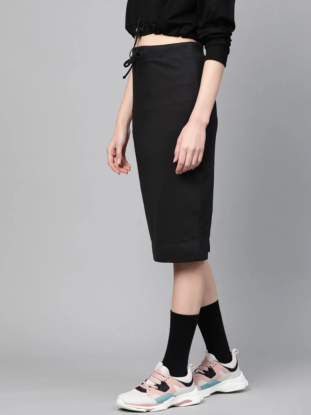 Black Terry Drawstring Pencil Skirt