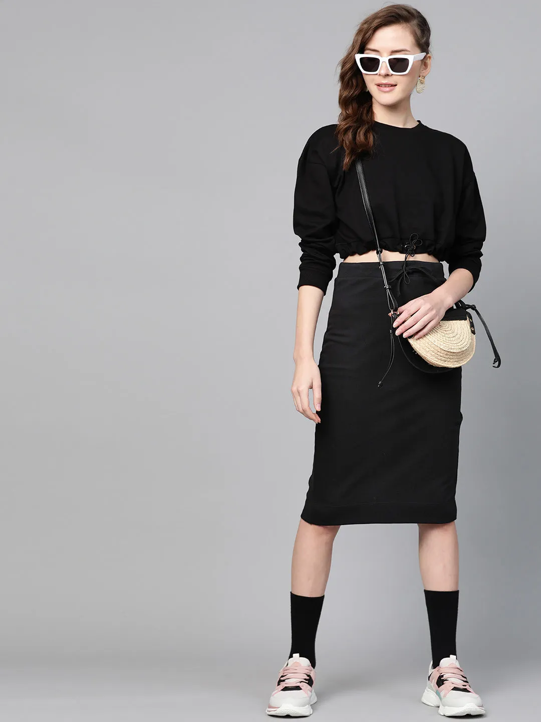 Black Terry Drawstring Pencil Skirt