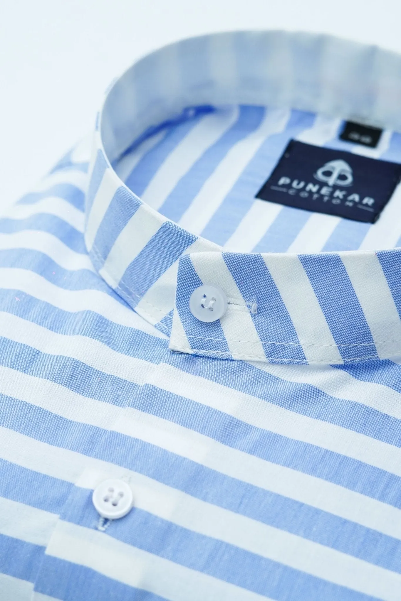 Blue Color Stand Collar Strips Shirts For Men