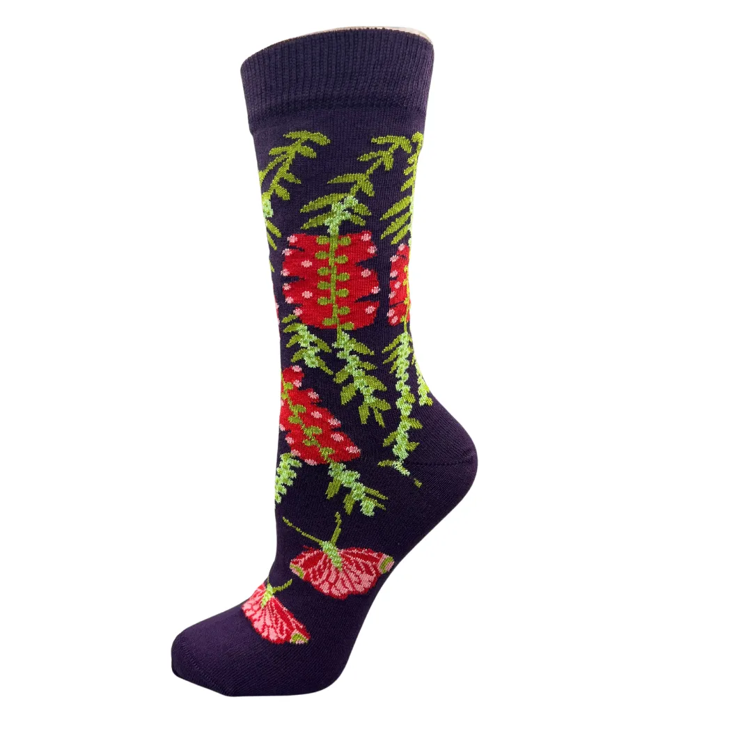 Bottle Brush Women's Crew Socks in Aubergine - Australian Botanical Range