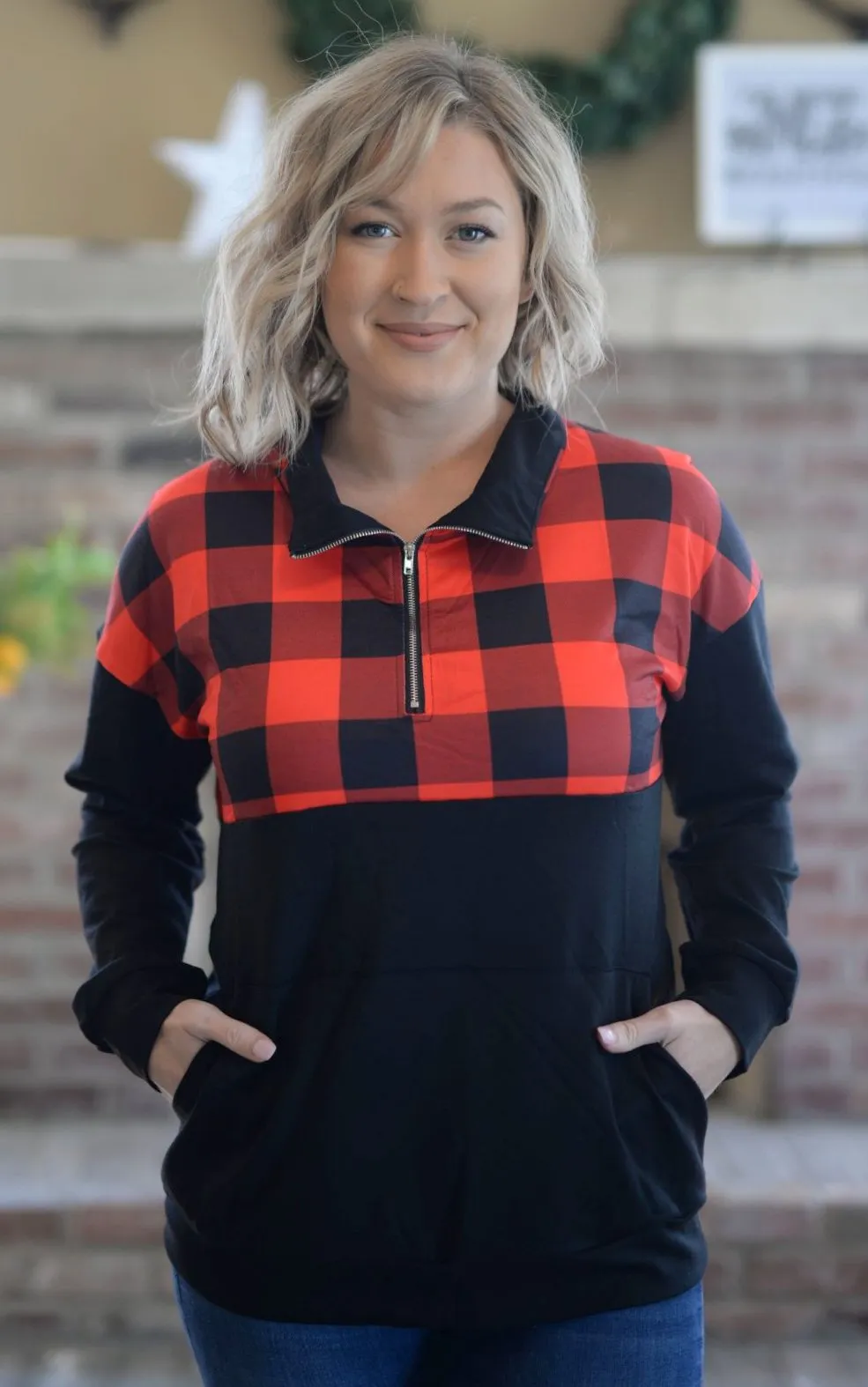 Buffalo Plaid Zip Up Pullover