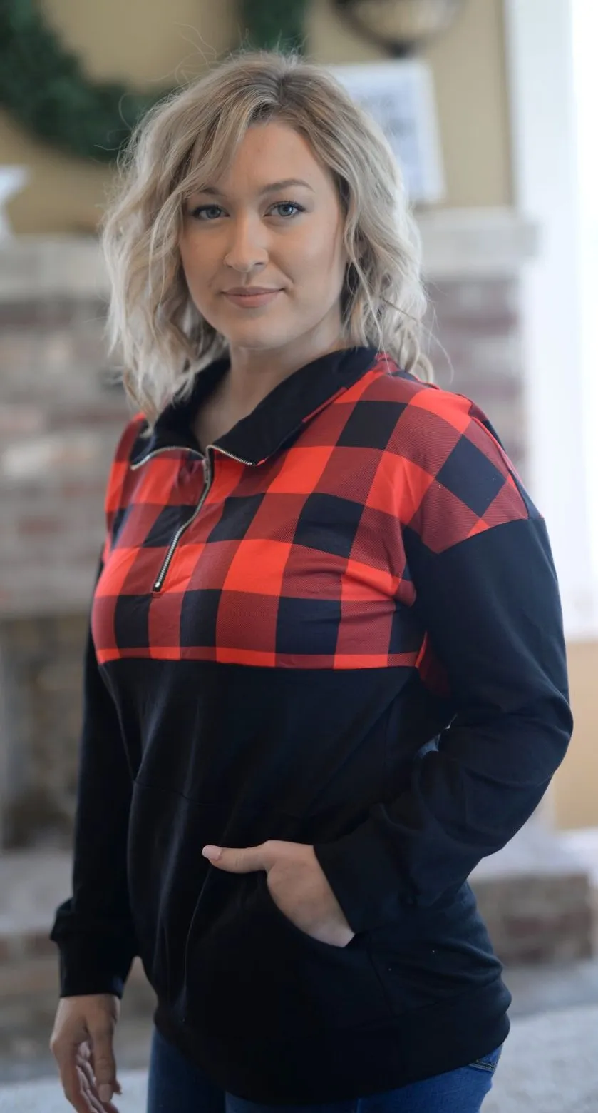 Buffalo Plaid Zip Up Pullover