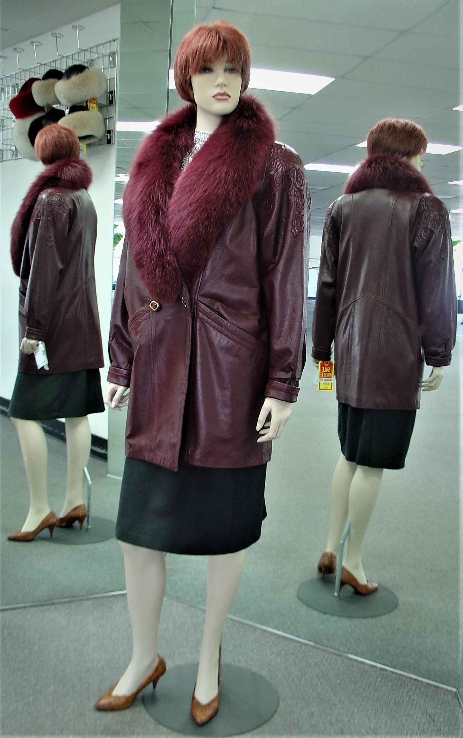 Burgundy Lamb Leather Jacket, Detachable Fox Collar