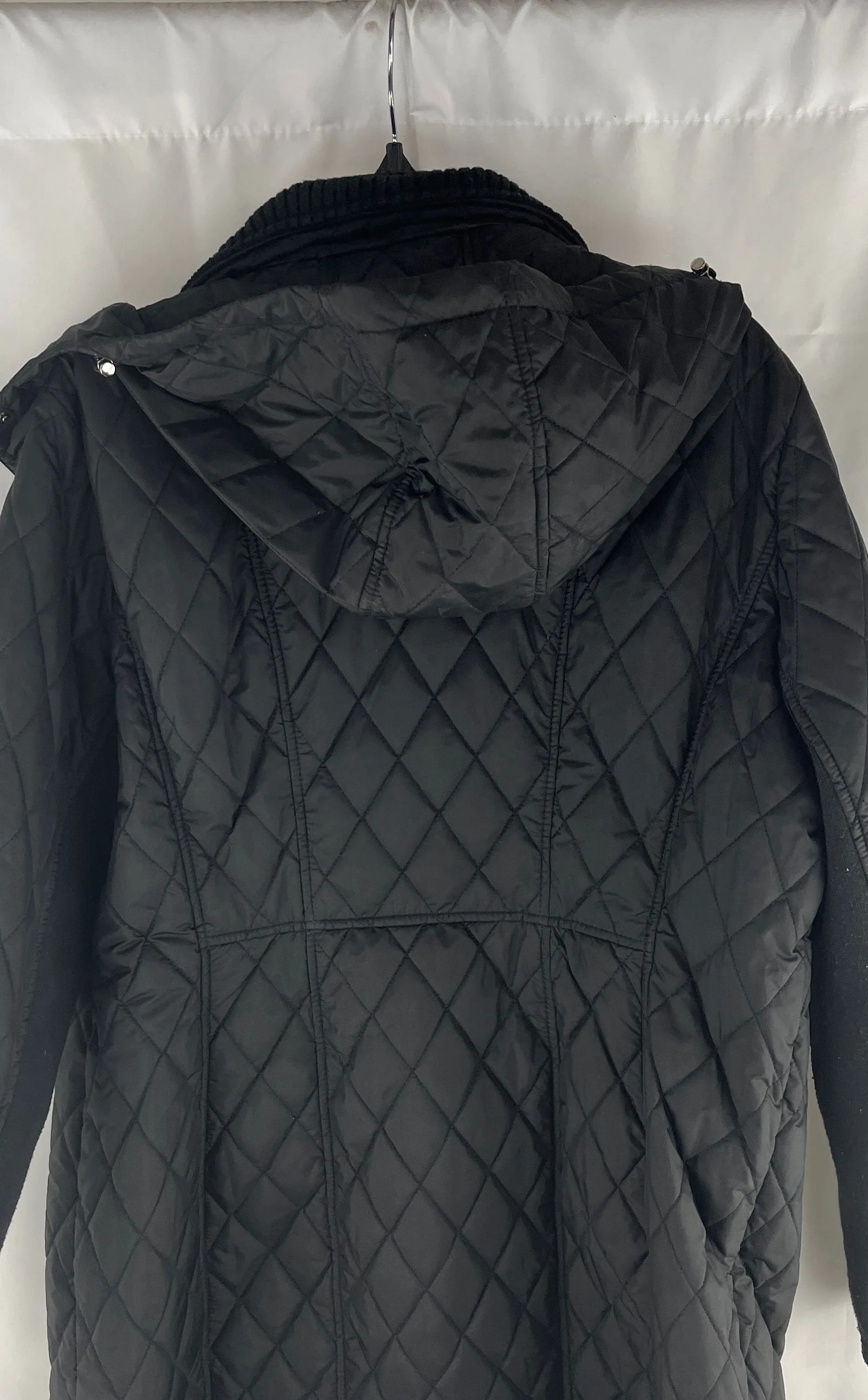 Calvin Klein Women's Black 3/4 Length Quilted Raincoat Zip Up W/Hood Size XL