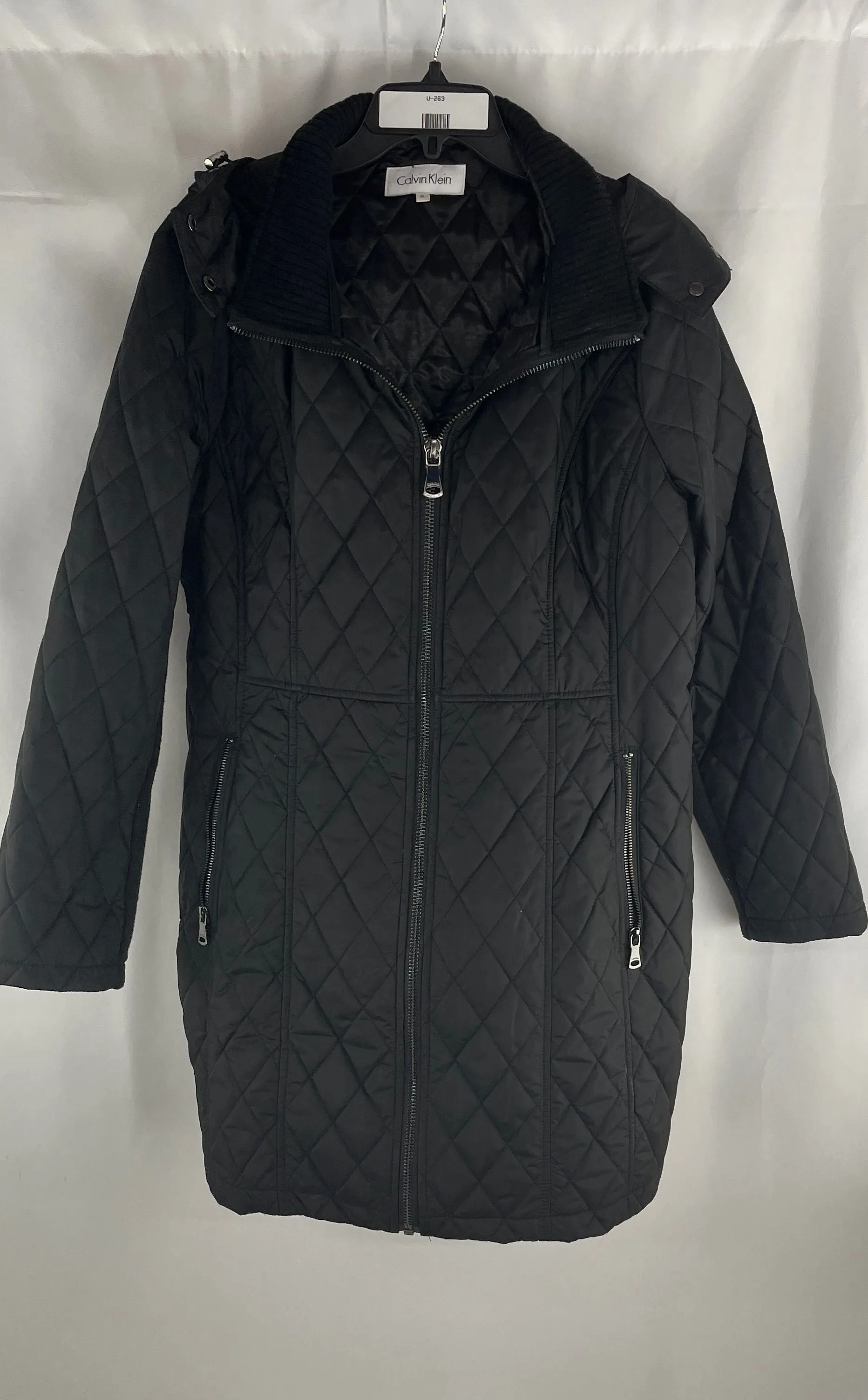 Calvin Klein Women's Black 3/4 Length Quilted Raincoat Zip Up W/Hood Size XL