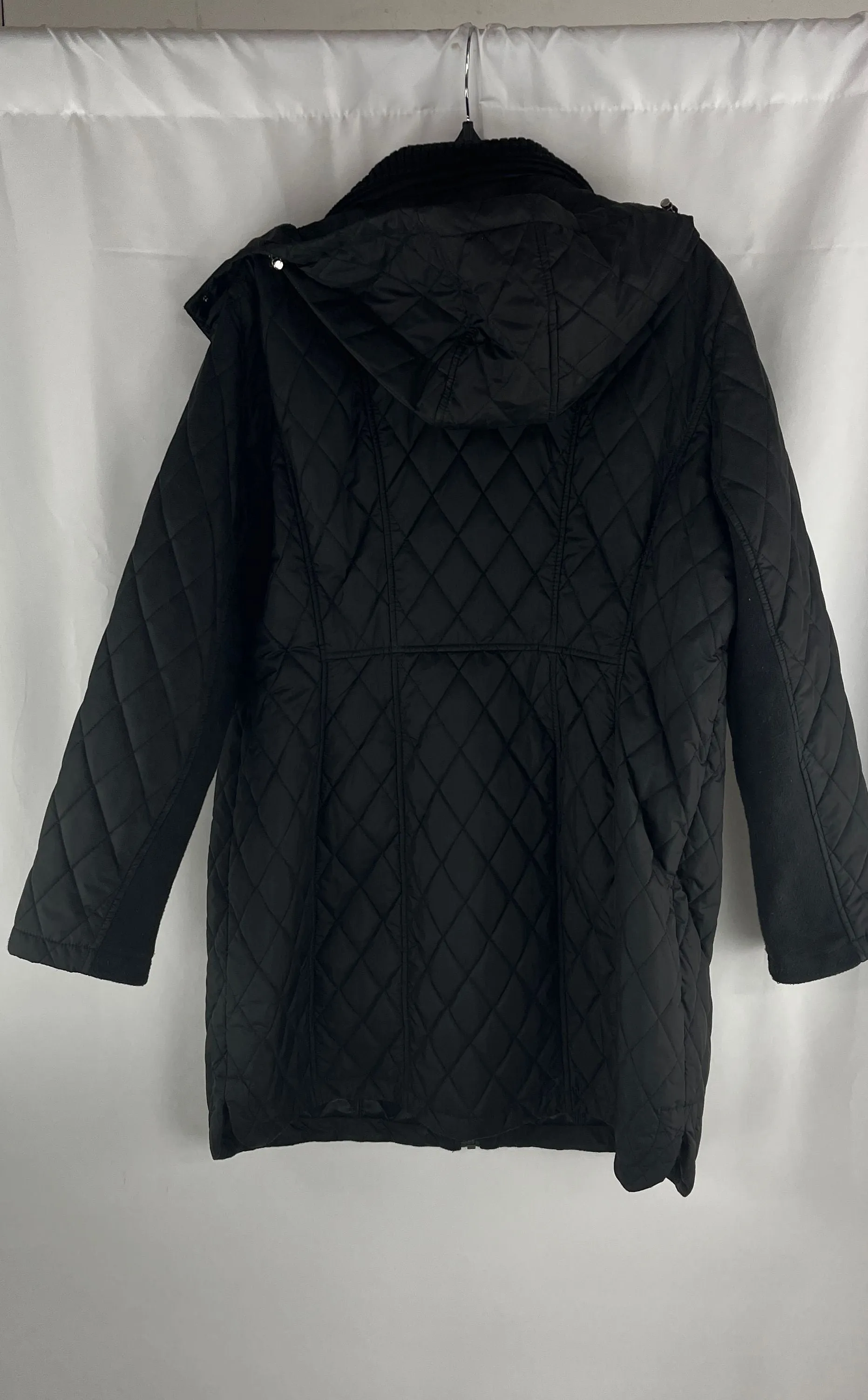 Calvin Klein Women's Black 3/4 Length Quilted Raincoat Zip Up W/Hood Size XL