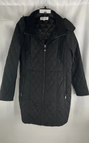 Calvin Klein Women's Black 3/4 Length Quilted Raincoat Zip Up W/Hood Size XL