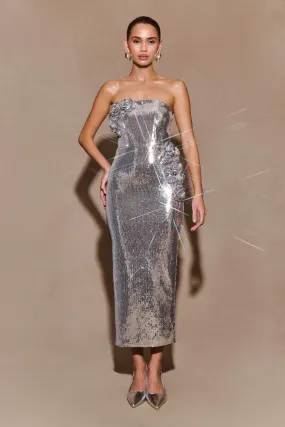 Cassia Strapless Sequin Rose Midi Dress - Silver