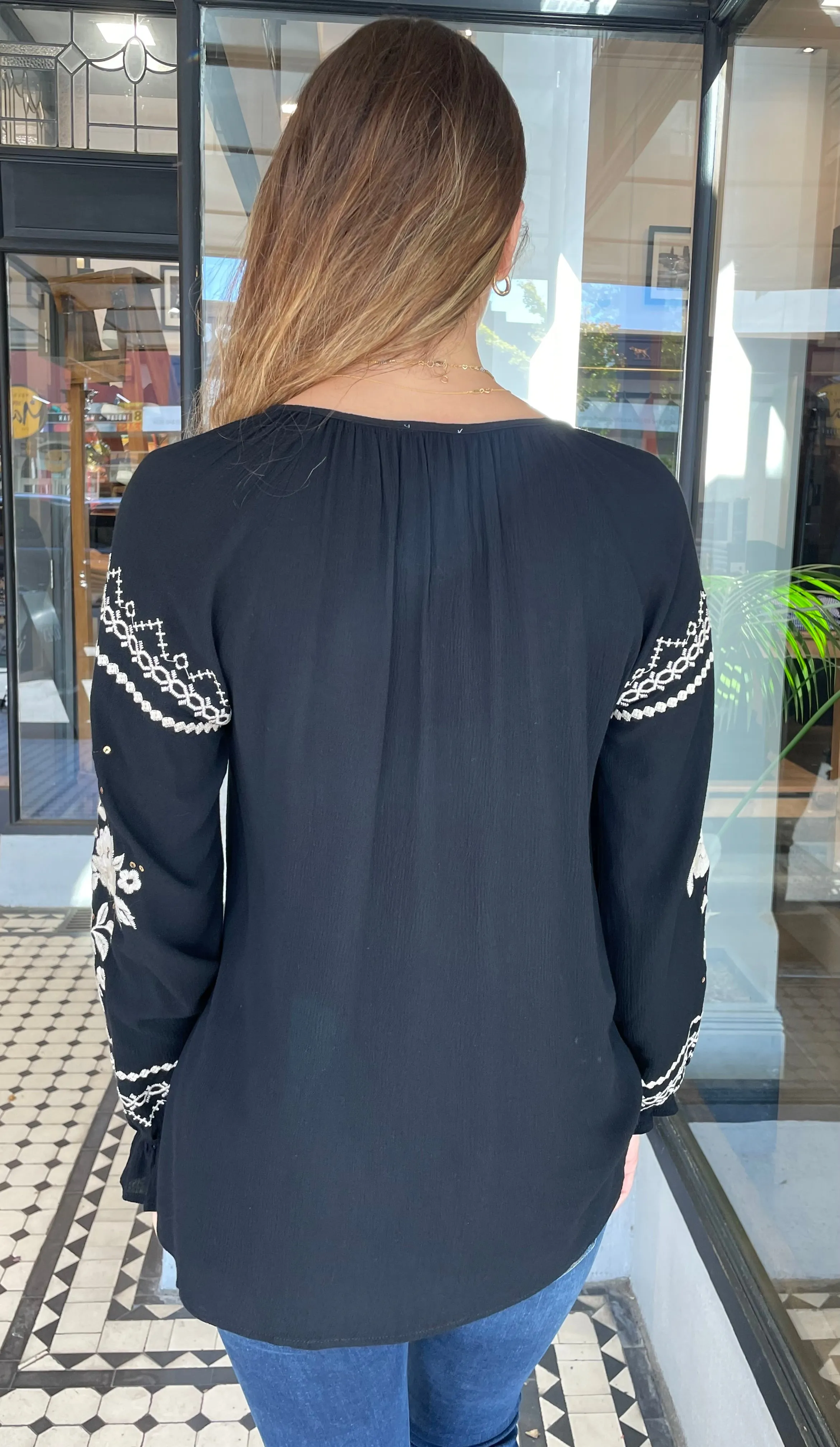 Catalina Sequins Embroidered Long Sleeve Top Black