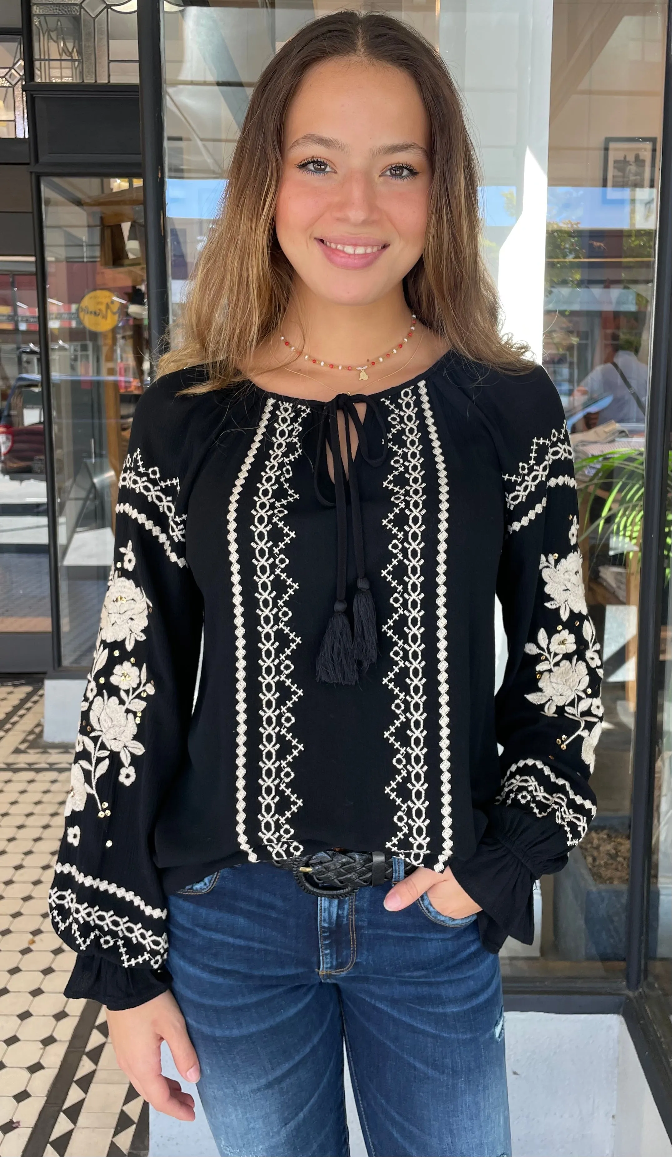 Catalina Sequins Embroidered Long Sleeve Top Black