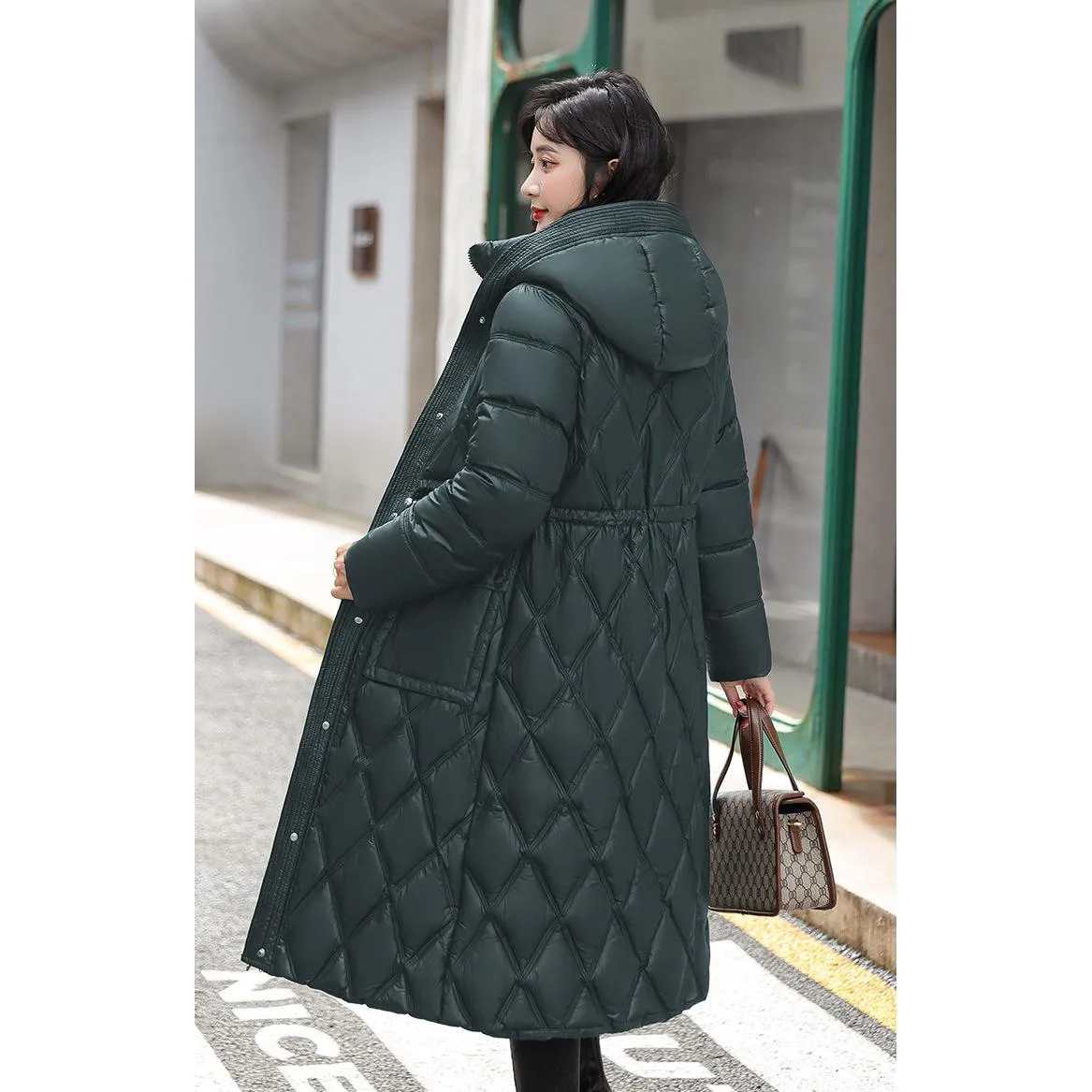 Cinched Waist Windproof Quilted Puffer Coat