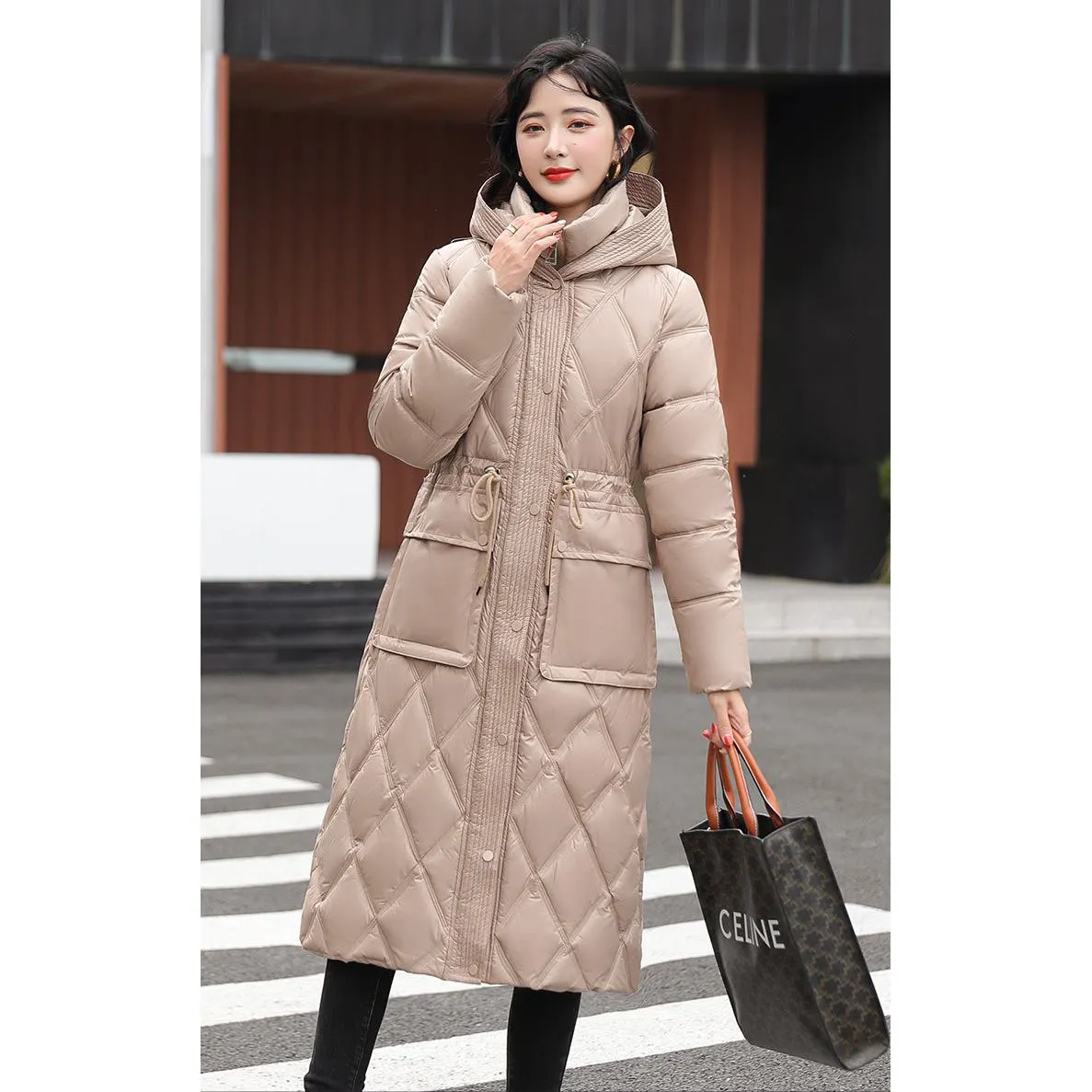 Cinched Waist Windproof Quilted Puffer Coat