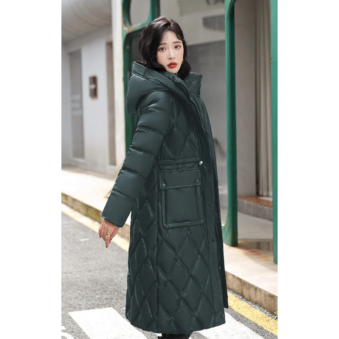 Cinched Waist Windproof Quilted Puffer Coat