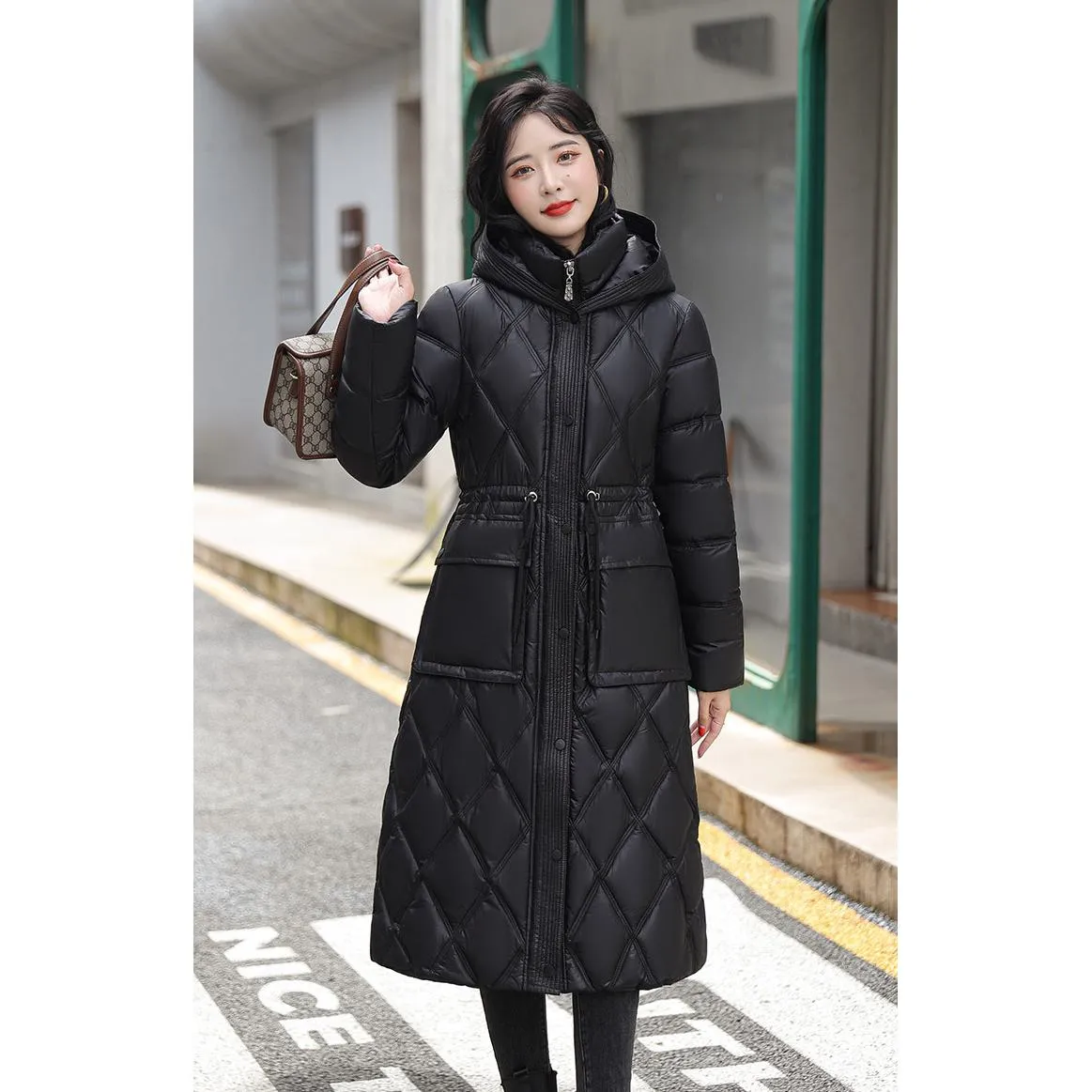 Cinched Waist Windproof Quilted Puffer Coat