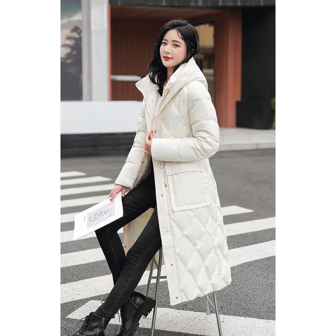 Cinched Waist Windproof Quilted Puffer Coat