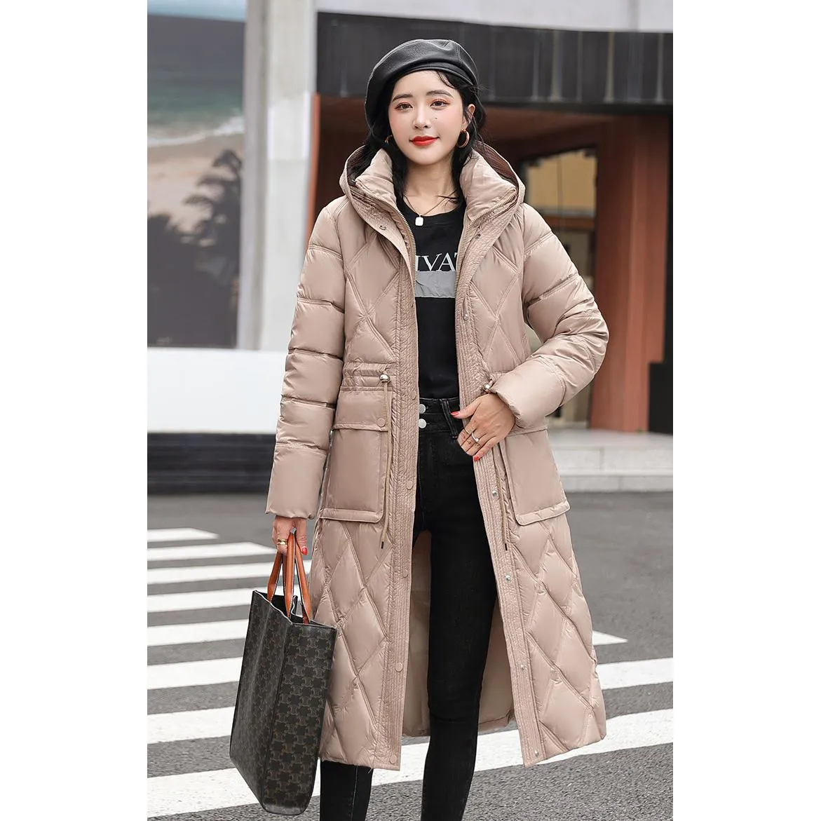 Cinched Waist Windproof Quilted Puffer Coat