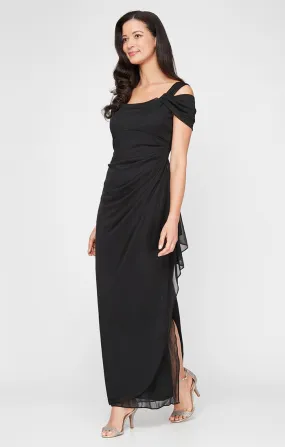 Cold Shoulder Mesh Gown with Cowl Neckline & Overlay Skirt