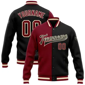 Custom Black Crimson Cream-Maroon Bomber Full-Snap Varsity Letterman Split Fashion Jacket